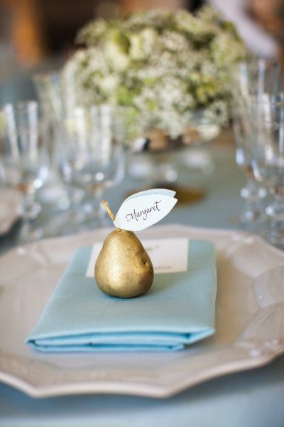 Cream, light blue, gold. seating card on pear Fruit Wedding, Wedding Place Names, Light Blue Wedding, Fruit Decorations, Wedding Place Settings, Seating Cards, Theme Color, Floral Inspiration, Wedding Places