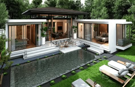 Small Villa Design House Plans, Small Villa Floor Plan, Thailand Modern House, Thailand House Design Modern, Villa 1 Floor, Small Modern Villa Design, Mini Villa Design, Small Villa Plan, Small Villa Design