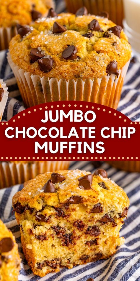 Bakery Style Pumpkin Chocolate Chip Muffins, Giant Chocolate Chip Muffins, Large Chocolate Chip Muffins, Best Jumbo Muffin Recipes, Bakery Chocolate Chip Muffins, Jumbo Muffin Recipes Breakfast, Bakery Muffin Recipes Jumbo, Jumbo Muffins Recipes Easy, Large Muffin Tin Recipes