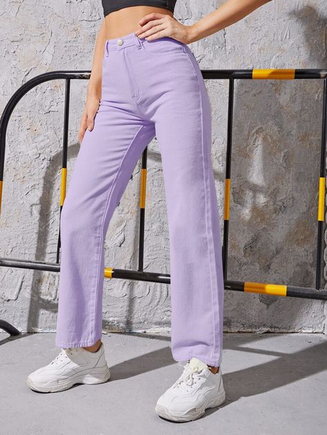 Free Returns ✓ Free Shipping On Orders $49+ ✓. High Waisted Solid Jeans- Women Jeans at SHEIN. Pink Jeans Outfit, Colored Jeans Outfits, Pastel Jeans, Coloured Jeans, Light Pink Jeans, Jeans Rosa, Cute Pants, Pink Jeans, Cute Jeans