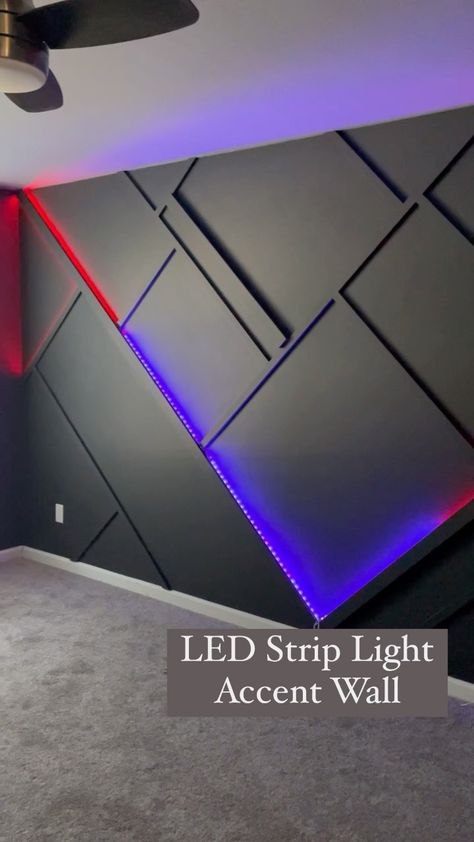 Led Light Accent Wall, Accent Wall Led Lights, Ideas For Teenage Boys Room, Teen Boy Bedroom Decorating Ideas, Small Teen Room Ideas For Boys, Strip Lights Boys Bedroom, Led Boys Bedroom, Accent Wall With Led Lights, Gaming Room Bedroom