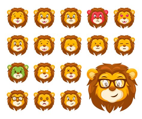 16 Cute Lion Avatar Emoji Vector Character Set - Download Lion Emoji, Lion Chibi, Lion Mascot Design, Lion Pictogram, Lion Mascot Logo, Lion Mascot Cartoon, Face Illustration, Lion Face, Cute Lion