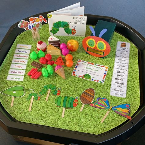 The Hungry Caterpillar Sensory Bin, Hungry Caterpillar Sensory Tray, The Very Hungry Caterpillar Eyfs Tuff Tray, The Very Hungry Caterpillar Literacy Activities, The Very Hungry Caterpillar Tuff Tray, Hungry Caterpillar Activities Toddlers, World Book Day Tuff Tray Ideas, Hungry Caterpillar Tuff Tray Ideas, The Very Hungry Caterpillar Activities For Preschoolers