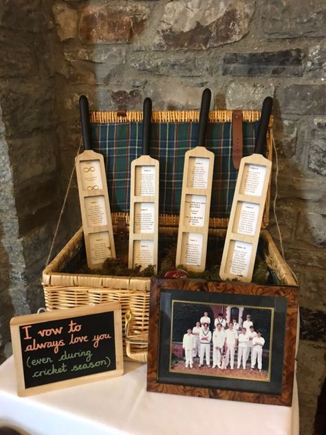 Cricket themed wedding seating plan Cricket Wedding Ideas, Cricket Theme Decoration, Cricket Theme Party, Cricket Theme Birthday, Sewanee Wedding, Cricket Wedding, Cricket Party, Tipi Wedding Decor, Norfolk Wedding