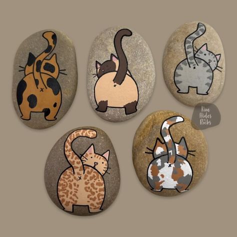 40+ BEST ROCK PAINTING IDEAS FOR SUMMER - Stylin by Sarita Cat Butts Painting, Painting Cats On Rocks, Cat Stone Art, Cat Painted Rocks Ideas, Painting Ideas For Summer, Painted Rocks Cats, Cat Rock Painting Ideas, Cat Rock Painting, Pet Rocks Craft