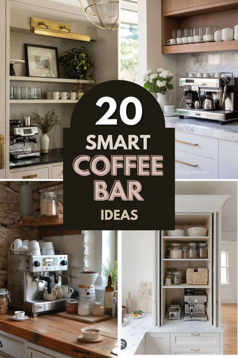 In this post I want to show you 20 smart coffee bar ideas you can be inspired by for your own home and create a convenient and pretty corner dedicated for hot drinks! Kitchen Alcove Coffee Bar, Bar In The Kitchen Ideas, Coffee Bar In Cabinet Kitchens, Coffee Bar End Of Counter, Build In Coffee Station, Coffee Nook Kitchen Counter, Coffee Bar Kitchen Island, Barista Station At Home, Coffee Bar Hidden