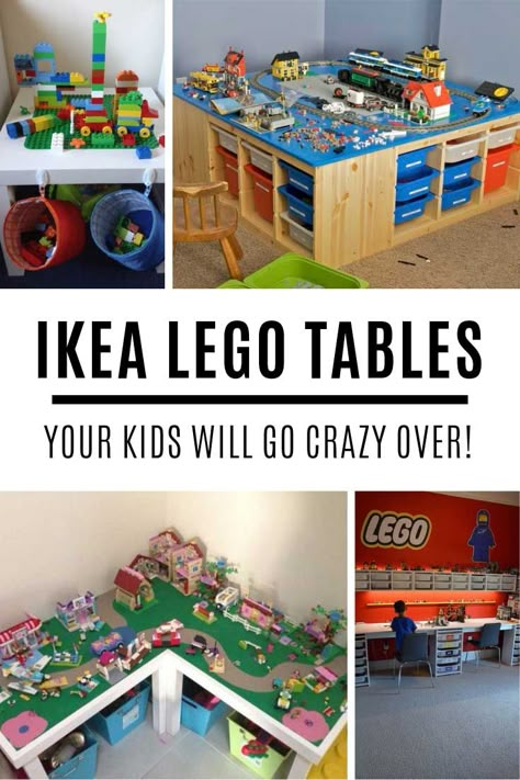 Oh my goodness how GENIUS are these IKEA lego table hack ideas! Lego Storage Play Area, Lego Display Table Ideas, Lego Table And Storage Ideas, Lego Workspace Ideas, Lego Area Ideas, Lego Table Setup, Lego Trofast Table, Lego Toy Room, Lego Basement Ideas