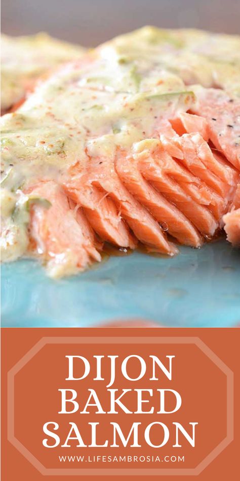 This baked salmon with Dijon Tarragon sauce is a great weeknight dinner idea. The creamy dijon sauce steals the show for sure. Visit www.lifesambrosia.com to print the full recipe. Salmon With Dijon Mustard Sauce, Salmon Sauces, Salmon Dijon, Tarragon Sauce Recipes, Kosher Rules, Creamy Dijon Sauce, Tarragon Sauce, Salmon Recipes Oven, Salmon Dinner Recipes