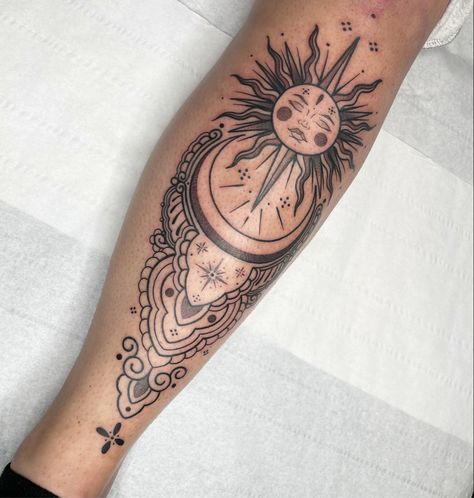 Tattoo
Shin tat
Ornamental
Sun and moon Shin Piece Tattoo, Sun Shin Tattoo, Shin Tattoo, Pieces Tattoo, Leg Tattoo, Sun Tattoo, 10 22, Dreamcatcher Tattoo, Leg Tattoos