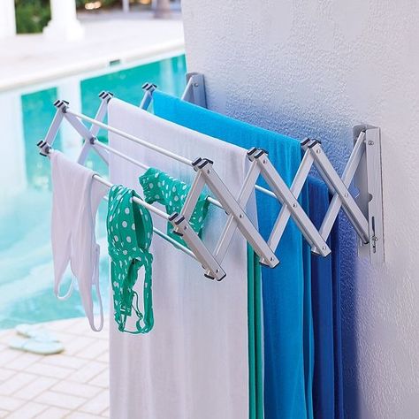 Dry towels by the pool or in your laundry room. Pool Lani Ideas, Pool Organization Ideas Storage, Swimming Pool Room Ideas, Pool Towel Drying Ideas, Pool Accessories Storage Ideas, Swimming Pool Storage Ideas, Pool Room Ideas Swimming, Pool Organization Ideas, Pool Changing Room Ideas