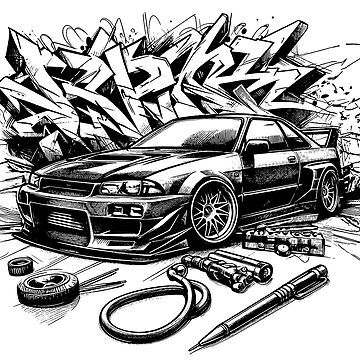 Speed Drift Car Graffiti Style Black and White Japanese Car Sketch Draw Illustration White background. Cars Drifting Drawing, Fast Car Drawing, Car Drift Drawing, Drifting Car Drawing, Old School Car Drawing, Car Drifting Drawing, School Sketches Doodles, Jdm Drawing, Car Drawing Sketches