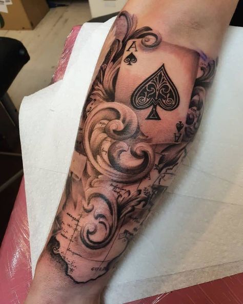 Top 71 Best Ace of Spades Tattoo Ideas - [2020 Inspiration Guide] Classic Arm Tattoo Men, Ace Tattoos, Old School Tattoo Sleeve, Card Tattoos, Clock Tattoo Sleeve, Spades Tattoo, Ace Of Spades Tattoo, Playing Card Tattoos, Spade Tattoo