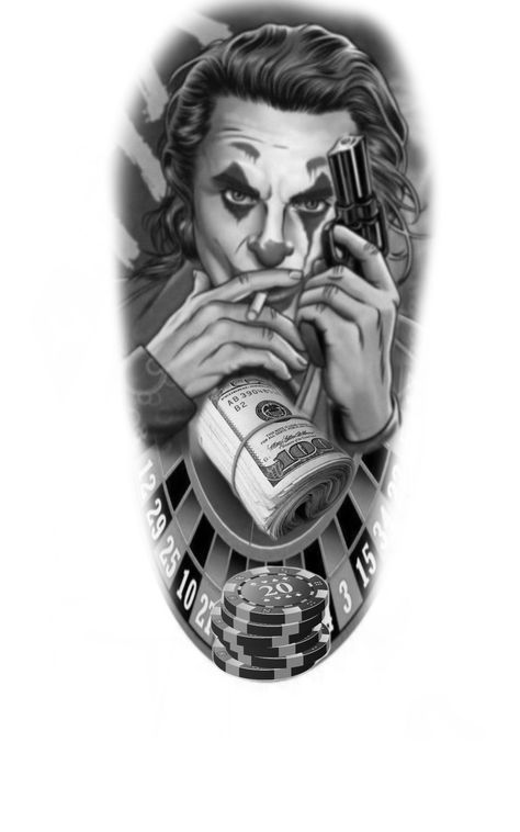 Joker Full Sleeve Tattoo, Joker Tattoo Design Drawing, Chicano Joker Tattoo, Tattoo Ideas Gangster, Chicano Tattoos Gangsters, Tato Joker, Chicano Gangster Tattoo Designs, Hahaha Joker, Dr Tattoo