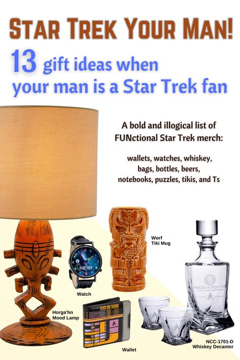 An array of Star Trek products including lamp, watch, wallet, and whiskey decanter. Diy Star Trek Gifts, Star Trek Man Cave, Star Trek Gift Ideas, Star Trek Tricorder Diy, Star Trek Pillows, Star Trek Birthday, Star Trek Gifts, Fertility Symbols, Mood Lamp