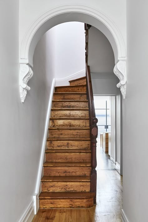 Photo 3 of 10 in A Glazed Addition Amps Up the Allure of a Victorian Home in Melbourne - Dwell Terraced House Interior, Victorian Flooring, Victorian Stairs, Staircase Wood, Victorian Staircase, Victorian Terrace Interior, Minimalist Color Palette, House Staircase, Wood Railing