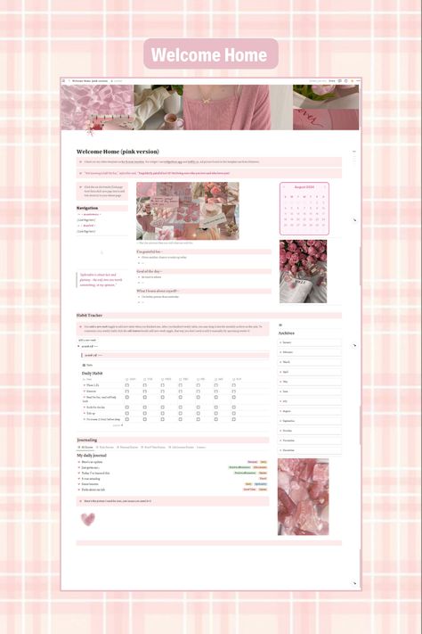 Dreaming of a soft pink escape? 🎀✨ Check out my FREE pink aesthetic Notion template that brings warmth and beauty to your daily organization! 🌸📝

🌼 Stay on top of your habits, journal your thoughts, and plan your days in style—all with a touch of pastel magic 💖✨  
🌈 Perfect for anyone who loves soft, cozy vibes and staying organized with a little extra sweetness 🍬🎀

🎁 Grab yours now on my Ko-fi—let's make planning pretty! 🌸💕 #NotionTemplate #AestheticPlanning #PinkVibes Notion Journaling Template, Home Notion Template, Pink Aesthetic Notion, Notion Journal Template, Pink Notion Template, Notion Template Free, Habits Journal, Pink Notion, Soft Pink Color Palette