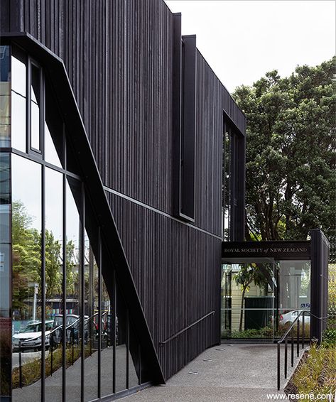 Resene Woodsman Sheer Black stain Black Facade, Black Cladding, Black Building, Factory Architecture, Royal Society, Green Facade, Warehouse Design, Timber Walls, Painting Contractors