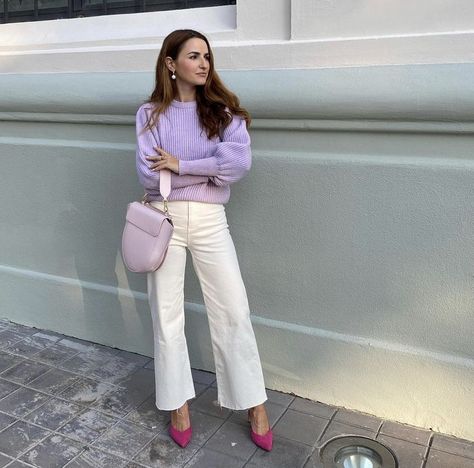 White and lilac fashion outfit, stylish outfit inspiration Lilac And White Outfit, Rich Girl Style, Lilac Fashion, September Outfits, White Jeans Outfit, Color Combinations For Clothes, Have A Lovely Day, Hijabi Fashion Casual, Everyday Fashion Outfits