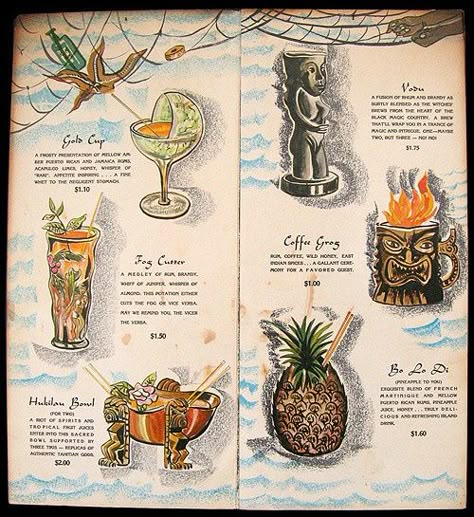 Tiki Wedding, Tiki Hawaii, Menue Design, Tiki Bar Decor, Tiki Lounge, Tiki Art, Tiki Drinks, Tiki Cocktails, Vintage Menu