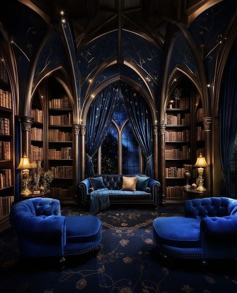 Castle Dark, Blue Library, Ravenclaw Common Room, Dark Luxury, Ravenclaw Aesthetic, Fantasy Rooms, Dark Home Decor, Hogwarts Aesthetic, Dark Home