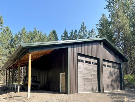 #13812 - 36 x 48 x 16 Shop with 12 x 48 x 11 Open Lean-to in Harrison, ID | Steel Structures America 60x40 Shop, Pole Building Garage, Garage Builders, Loft Floor, Lean To, Pole Buildings, Garage Floor Plans, Aluminum Pergola, Steps Design