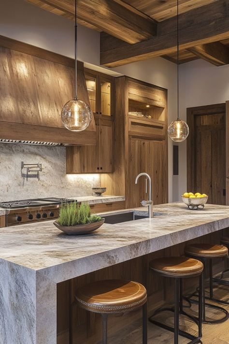 Blend rustic and modern styles with natural materials for a warm and functional kitchen. #RusticModern #KitchenInspo #NaturalDecor Mountain Lodge Kitchen Ideas, Modern Rustic Kitchen Cabinets, Lodge Kitchen Ideas, Mountain Lodge Kitchen, Earthy Modern Kitchen, Rustic House Interior Design, Ranch Style Kitchen, Mountain Modern Kitchen, Rustic House Interior