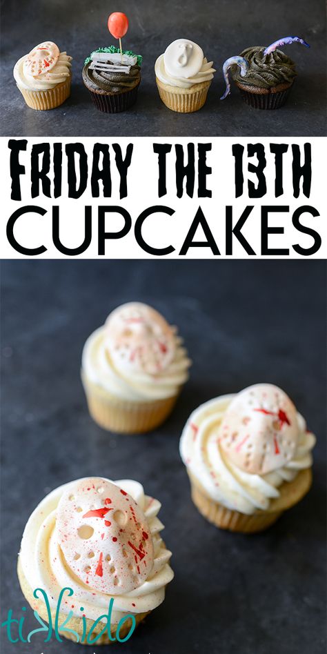 Horror Movie Themed Treats, Scary Movie Cupcakes, Horror Movie Treats, Friday The 13th Cupcakes, Horror Movie Cupcakes, Friday The 13th Food Ideas, Friday The 13th Birthday Party, Horror Cupcakes, Horror Birthday Party Ideas