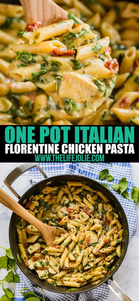 One Pot Chicken And Pasta, Florentine Chicken, Pasta Florentine, One Pot Italian, Chicken Florentine Pasta, Chicken Florentine Recipe, Chicken And Pasta, 30 Minute Meals Easy, Chicken Florentine