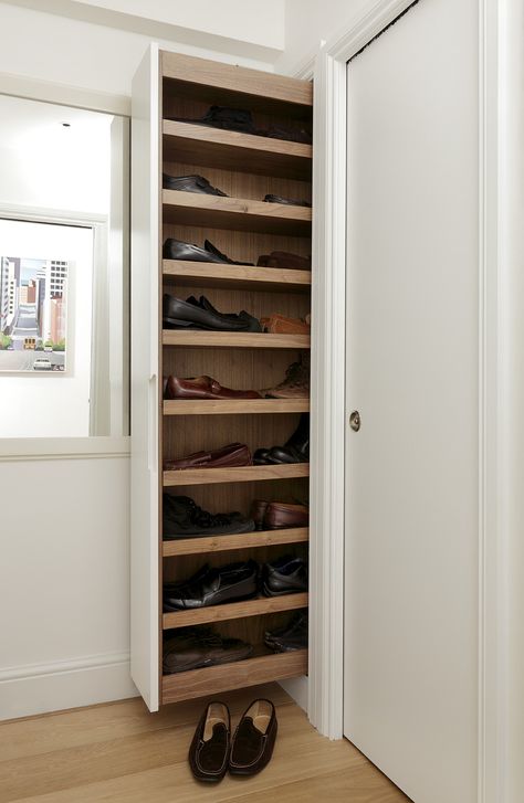 Love shoes but have trouble storing them discretely? Meet the solution, a bespoke, pull-out shoe rack that is easily accessible. Shoe Storage Wardrobe, Wardrobe Shoe Rack, Shoe Storage Diy, Shoe Storage Small Space, Diy Space Saving, Architecture Renovation, Diy Shoe Storage, Closet Shoe Storage, Diy Space