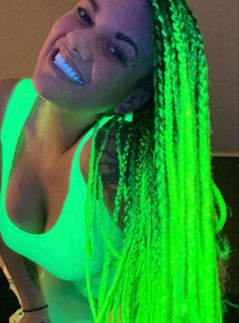 Uv neon yellow box braids hair Lime Green Box Braids, Yellow Box Braids, Yellow Braids, Neon Yellow Hair, Neon Green Hair, Future Hairstyles, Neon Hair, Braids Hair, Yellow Hair