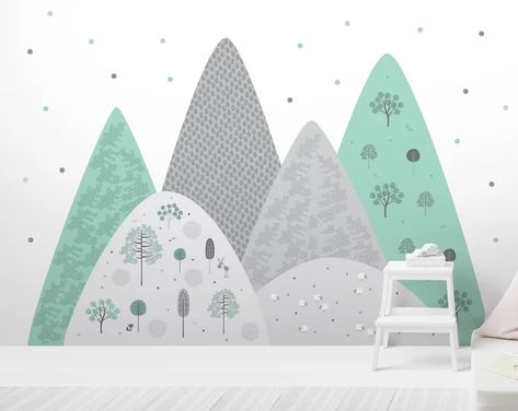 View Mountains Decals by ndecoWallArt on Etsy Baby Room Decals, Animal Baby Room, Mint Nursery, Child Bedroom, Nursery Stickers, Mural Home, Animal Mural, Forest Nursery, Boho Wallpaper