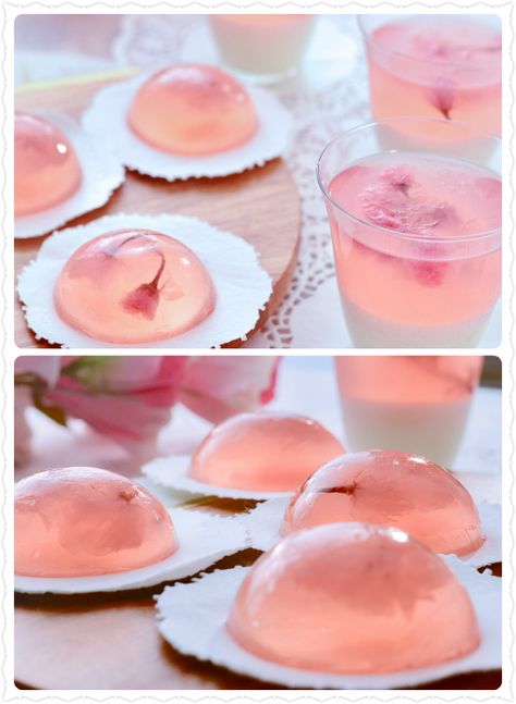 I'm trying to "freeze" the breathtaking view of falling cherry blossoms, well, it turns out really pretty, not only for their looks, but also taste fantastic! Cherry Blossom Tea Party, Cherry Blossom Recipe, Japanese Wedding Food, Sakura Recipes, Cherry Blossom Food, Mediterranean Picnic, Cherry Blossom Dessert, Falling Cherry Blossoms, Cherry Blossom Jelly