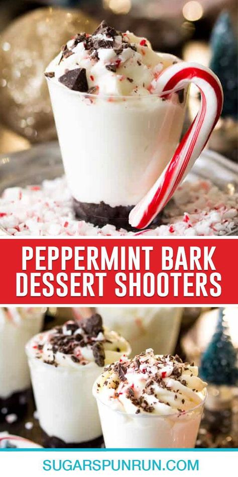 These Peppermint Bark Cheesecake Shooters are made with a no-bake white chocolate peppermint cheesecake piped over a chocolate cookie crust.  Top everything off with crushed candy cane pieces and chocolate flakes for a simple, festive treat! Bark Dessert, Peppermint Bark Cheesecake, Dessert Shooters Recipes, Cheesecake Shooters, Sugar Spun Run, Shooter Recipes, Christmas Shots, Dessert Shooters, Peppermint Cheesecake