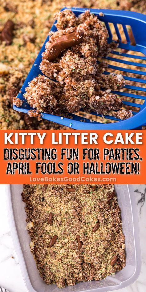 Kitty Litter Cake pin collage It's A Prank, Kitty Litter Cake, Kitty Litter, Tasty Dessert, April Fool's Day, Halloween Recipes, Best Dessert Recipes, Cat Litter, Yummy Food Dessert