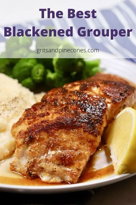 A quick seafood recipe that takes less than 20-minutes to prepare, this incredible blackened grouper recipe is simple enough for a weeknight dinner and fancy enough for company. The fresh grouper is coated in a blackening seasoning and pan seared in a cast iron skillet to seal in all the briny sweetness of the fish. It is truly an easy and delicious main dish! Blackened Grouper, Grouper Recipe, Red Grouper, Grilled Grouper, Grouper Recipes, Grouper Fillet, Blackening Seasoning, Simple Supper, Blackened Fish