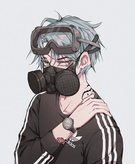 “....” - Nobody knows why he wears a gas mask all the time. He’s not the talkative type. Anime Character With Gas Mask, Gas Maks Drawings, Masked Man Art Anime, Masks Drawings Ideas, Gas Mask Character Design Male, Drawing Mask Faces, Gasmask Reference, Bone Mask Character Art, Gas Mask Art Drawing