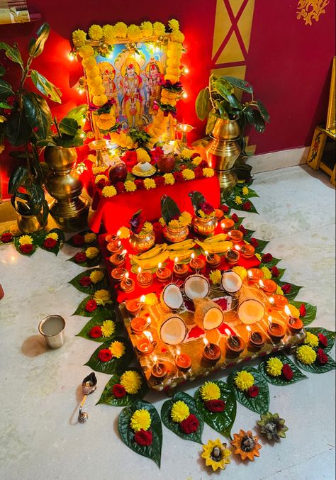 Laxmipujan Decoration Diwali, Lakshmi Pujan Decoration, Diwali Lakshmi Pooja Decoration Ideas, Lakshmi Pujan, Tulsi Pooja, Indian Floral Decor, Navratri Decor, Pooja Photos, Navratri Pooja