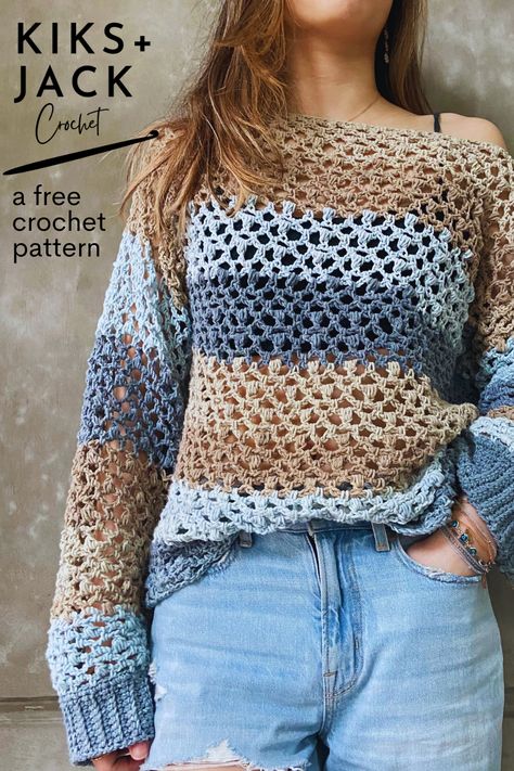 Girl wearing crochet mesh net sweater made from free pattern. Crochet Summer Jumper Free Pattern, Crochet Cotton Jumper Pattern, Crochet Mesh Sweaters, Crochet Off Shoulder Sweater Pattern Free, Easy Crochet Womens Sweater Pattern Free, Crochet Pullover Sweater Pattern Free Women, Cute Crochet Sweater Pattern Free, Light Sweater Crochet Pattern, Crochet Ladies Sweater Pattern Free