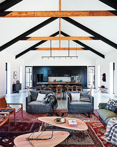 Ceiling Beam Ideas, Beam Ideas, Cathedral Ceiling Living Room, Exposed Trusses, Living Room Ceiling, White Ceiling, Exposed Beams, Cathedral Ceiling, Modern Country