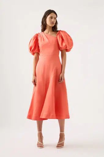 Aje Maia Off Shoulder Midi Dress Orange Size 8 Off Shoulder Midi Dress, Plunge Midi Dress, Best Wedding Guest Dresses, Dress Hire, French Dress, Jumpsuit Chic, Asymmetric Neckline, Guest Outfit, Tea Dress