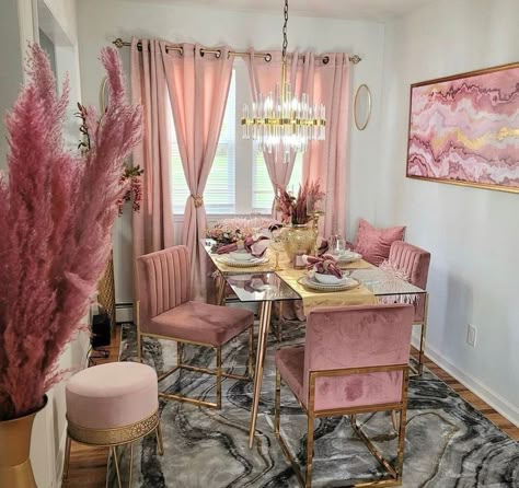 Dining Room Decor For Apartment, Y2k Dining Room, Barbiecore Bedroom, Pink Dining Room Table, Glam Dining Room Decor, Women Cave Ideas, Girly Living Room Ideas, Apartment Dining Room Decor, Pink Dining Room