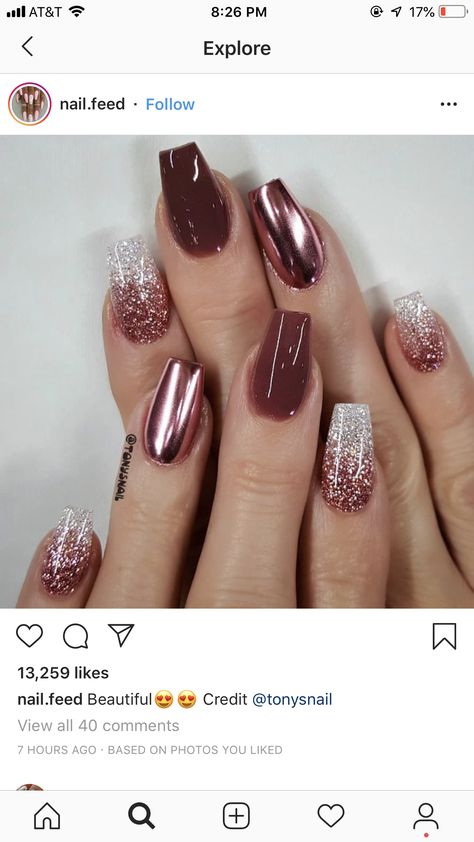 Rose Gold Fall Nails, Copper Nails Designs, Rose Gold Nails Design, Bridal Nails Designs, Bridal Nail Art, Nails With Glitter, Art Deco Nails, Manicure Nail Designs, Fancy Nails Designs