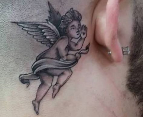 Deep Tatoos Tattoo Designs, Angle Whispering In Ear Tattoo, Angel Speaking In Ear Tattoo, Angel Behind The Ear Tattoo, Angel Talking In Ear Tattoo, Whispering Angel Tattoo, Angel Ear Tattoo, Angel Whispering Tattoo, Angel Behind Ear Tattoo