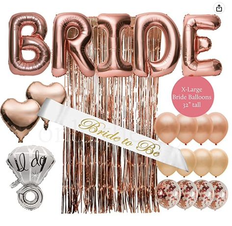 Rose gold bachelorette decorations. Rose Gold Bridal Shower Decor, Bride Balloon, Bride Balloons, Gold Bachelorette Party Decorations, Bachelorette Party Kits, Bride To Be Decorations, Rose Gold Bride, Gold Bachelorette Party, Bride To Be Balloons