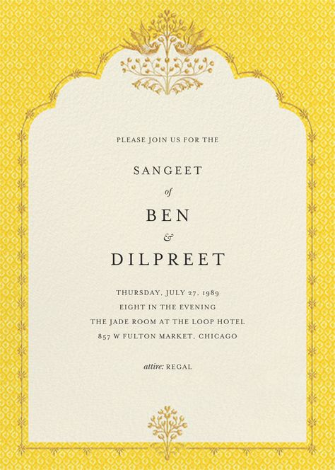 Aadya sangeet invitation - Sherbet  by Anita Dongre online at Paperless Post Anita Dongre Wedding Invite, Sangeet Invitation Cards Template, Sangeet Invitation Cards, Haldi Wedding Invitation, Yellow Invitation Card, Haldi Invitation Card Template, Haldi Invitation Card, Sangeet Invitation, Haldi Invite