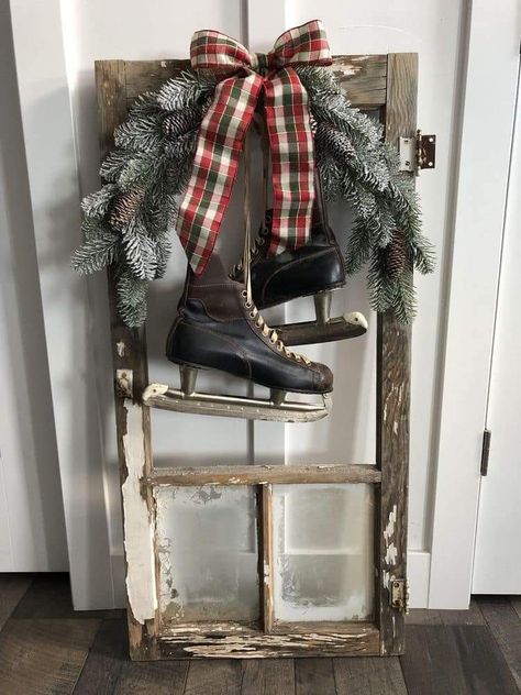 Window Farmhouse Decor, Winter Porch Decorations, Chic Rustic Decor, Window Farmhouse, Antique Window, Christmas Ice Skates, Window Wreath, Rustic Chic Decor, Winter Porch