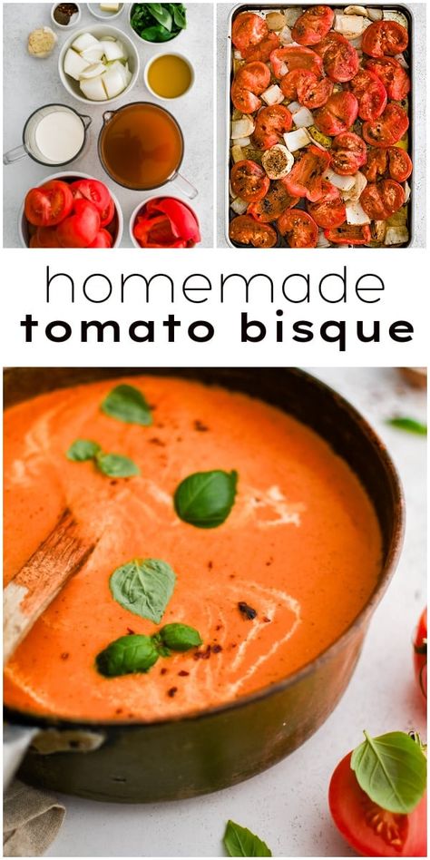 This silky-smooth Tomato Bisque Recipe is irresistibly rich, creamy, indulgent, and easy to make! Packed with rich tomato flavor, it's the ultimate comfort food and a million times better than canned tomato soup! Creamy Tuscan Tomato Soup, Roasting Tomatoes For Soup, Tomato Soup Immersion Blender, Ham And Tomato Soup, Soft Tomatoes What To Do With, Easy Tomato Soup With Tomato Sauce, How To Make Homemade Tomato Soup, Tomatoe Bisque Soup Homemade Easy, Cherry Tomato Soup Recipes