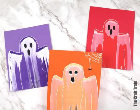 Squeegee Art Ghost Painting - The Craft Train Squeegee Ghost Painting, Ghost Art Project, Ghost Painting Trend Ideas, Ghost Squeegee Art, Tiktok Ghost Painting, Transparent Ghost Painting, Scrape Painting, Yarn Dolls, Dinosaur Crafts