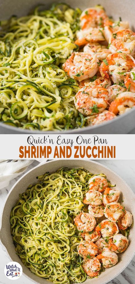 Make this one-pan shrimp and zucchini noodles (aka zoodles) flavored with lemon and garlic for a healthy, quick and easy weeknight dinner or lunch. You only need 15-20 min to prepare this low carb zucchini pasta. | #watchwhatueat #zucchini #zucchininoodles #shrimp #shrimppasta Zucchini Noodles And Shrimp Healthy, Lemon Garlic Butter Shrimp With Zucchini Noodles, Healthy Lunch With Shrimp, Easy Low Carb Pescatarian Recipes, Shrimp With Zucchini Recipes, Shrimp Zoodles Healthy, Zucchini And Yellow Squash Recipes Pasta, Healthy Veggie Recipes Clean Eating, Keto Zoodle Recipes