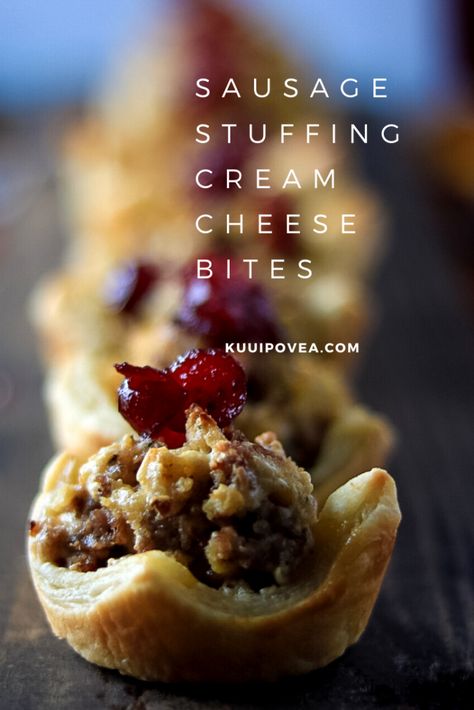 Sausage Stuffing Cream Cheese Bites Stuffing Bites Thanksgiving, Savory Cream Cheese Filling, Stuffing Appetizer, Sausage Stuffing Bites, Stuffing Cranberry, Cream Cheese Bites, Cranberry Appetizer, Pastry Bites, Thanksgiving Brunch